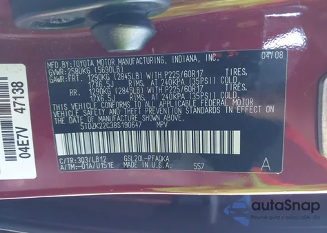 2008 Toyota Sienna Xle z USA, uszkodzony, nr VIN 5TDZK22C38S190647